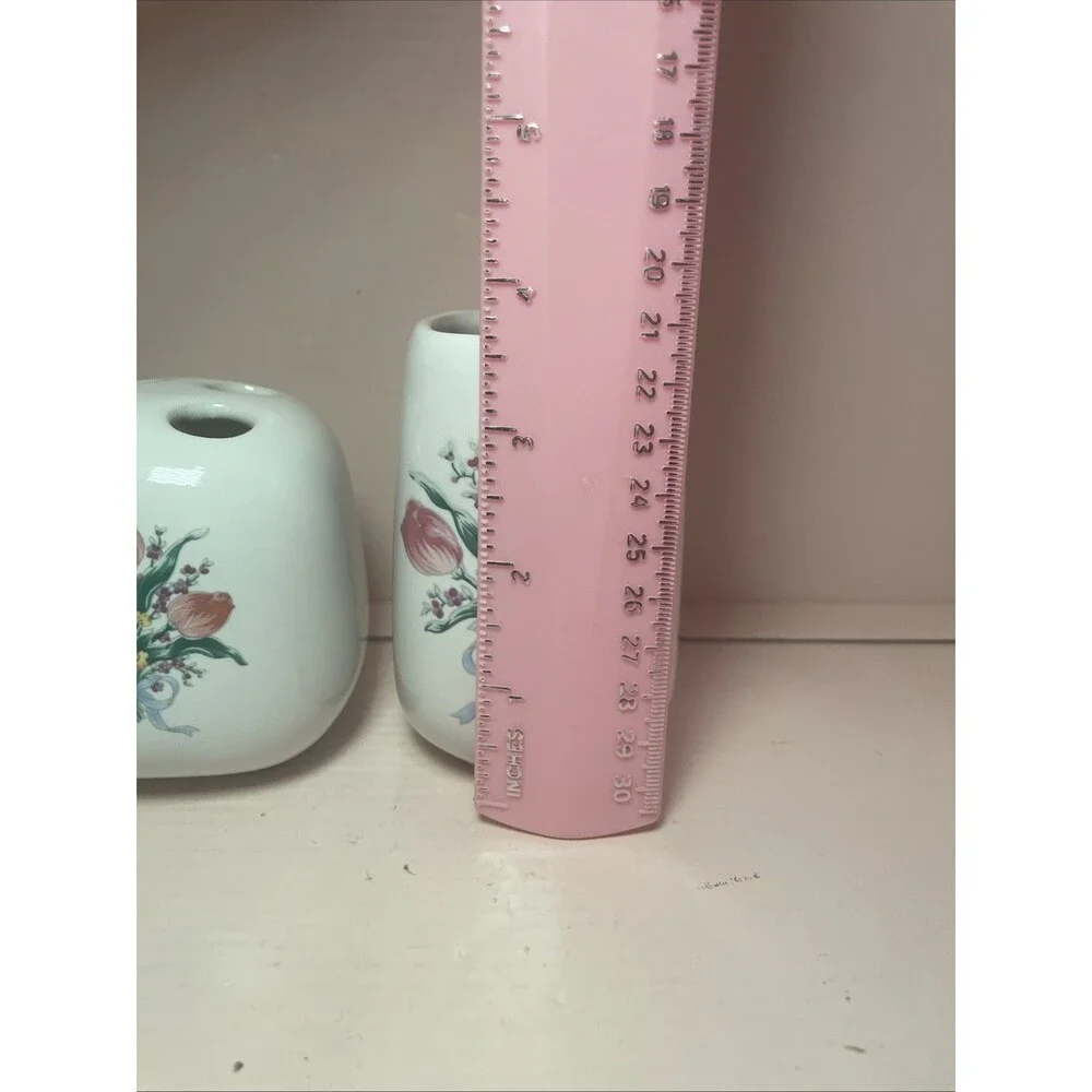 Vtg Restroom Granny Decor 2 Pc Ceramic Toothbrush Holder Cup Pink Cottagecore